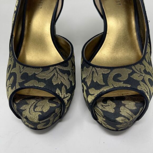 Nine West Women's Celestria D'Orsay Peep Toe Heels Slip On Black Gold Brocade 6M - Picture 3 of 9